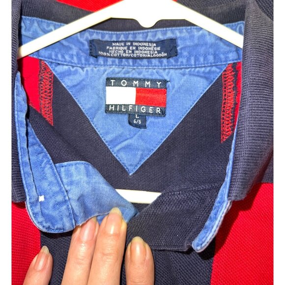 Tommy Hilfiger Mens LARGE Polo Shirt  2-button Front Red and Blue Short Sleeve - Picture 4 of 6